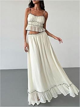 SOLY HUX Women's Skirt Sets 2 Piece Outfits Contrast Trim Ruffle Hem Cami Tops and Maxi Skirt Vac... | Amazon (US)