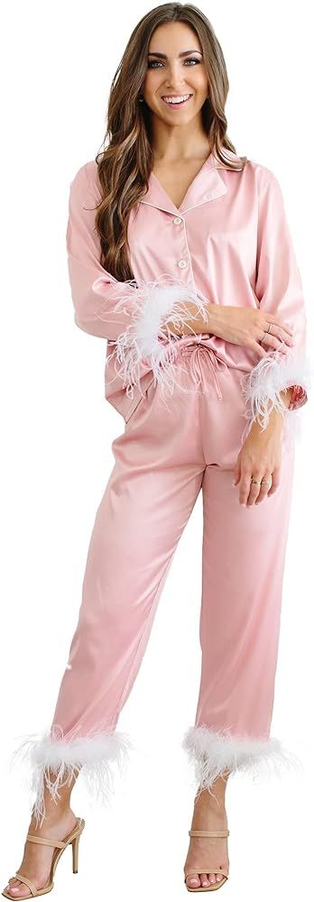 Belle's Design Women's Feather Trim Silk Satin Pajama Button Down Long Sleeve and Pants Set Sleep... | Amazon (US)