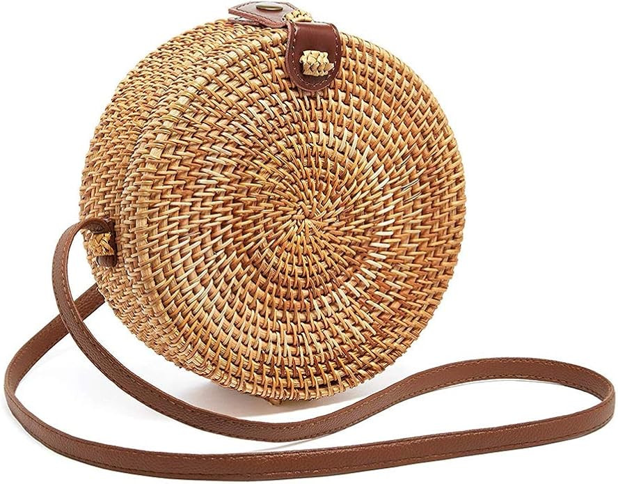 zixijiaju Round Rattan Bags Women Round Handwoven Straw Bag Leather Crossbody Shoulder Strap Hand... | Amazon (US)