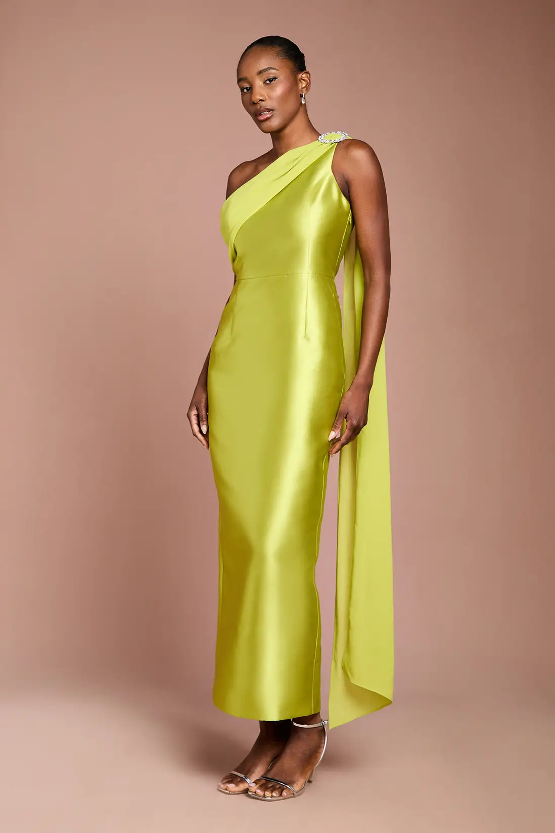 Chartreuse Coast One Shoulder Twill Gown With Diamante Brooch | Boohoo | Boohoo.com (UK & IE)