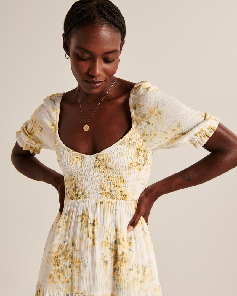 Women's Short-Sleeve Smocked Midi Dress | Women's Dresses & Jumpsuits | Abercrombie.com | Abercrombie & Fitch (US)