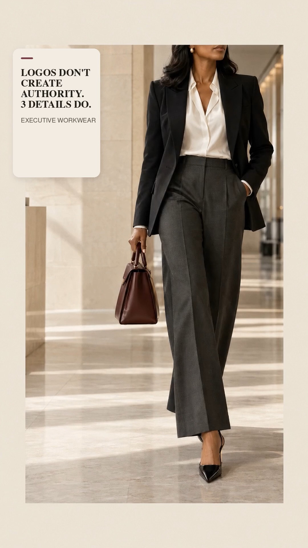 LOGOS DON’T CREATE AUTHORITY. LINES DO.

Before recommending a workwear piece, I check three things:

1. Does the fabric hold its shape?
2. Does the fit create a clean, uninterrupted line?
3. Do the shoes and bag reinforce the silhouette instead of competing with it?

A recognizable label can’t fix collapsing fabric, pulling seams, or weak proportions.

But the right structure can make a simple outfit communicate confidence before you say a word.

Your work wardrobe doesn’t need more labels; it needs clearer standards.

Save this as your buying filter.

I linked the pieces I’d use to recreate the formula in my LTK storefront.

#LTKWorkwear