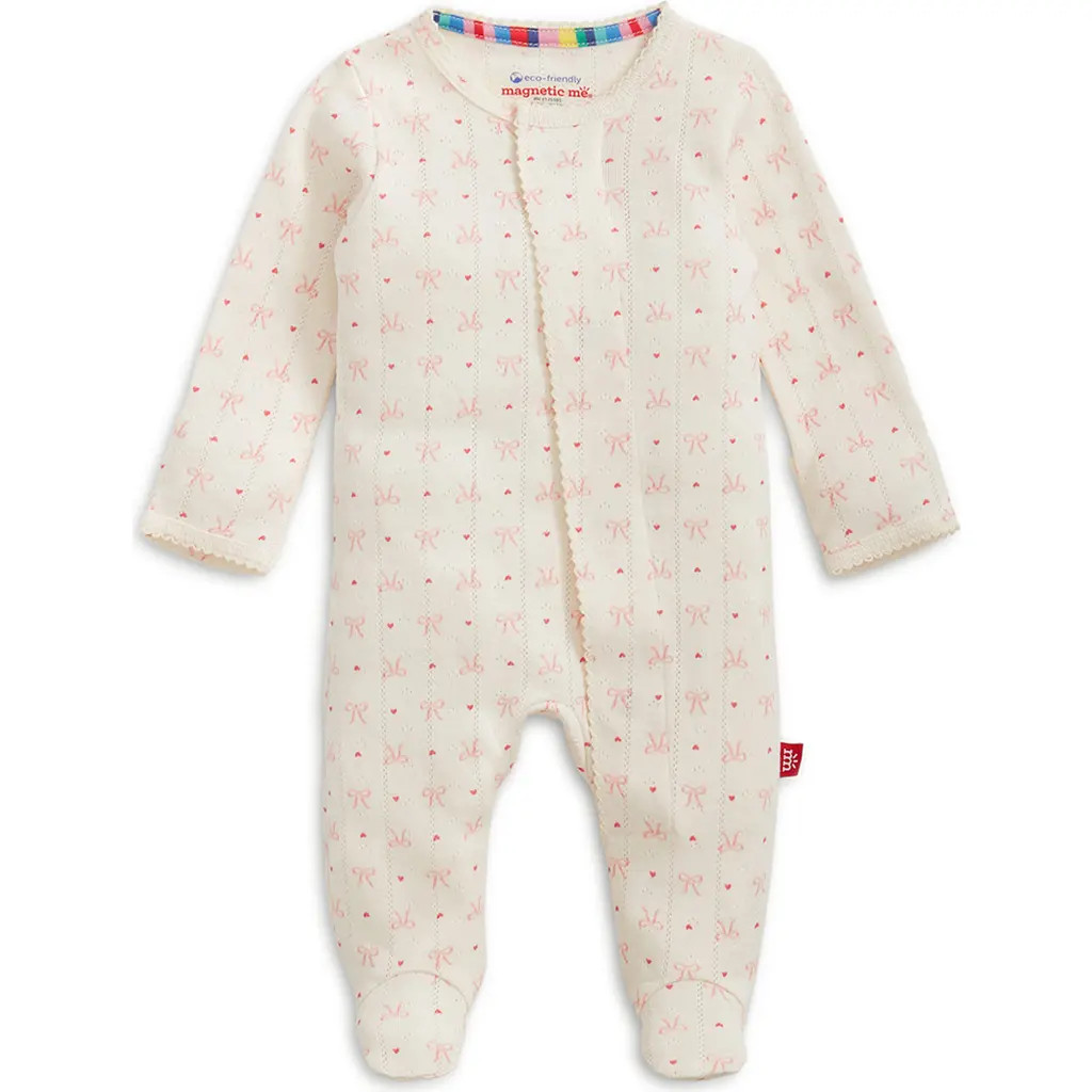 Magnetic Me Heart 'n' Bow Organic Cotton Pointelle Footie in Hebow at Nordstrom, Size Newborn | Nordstrom