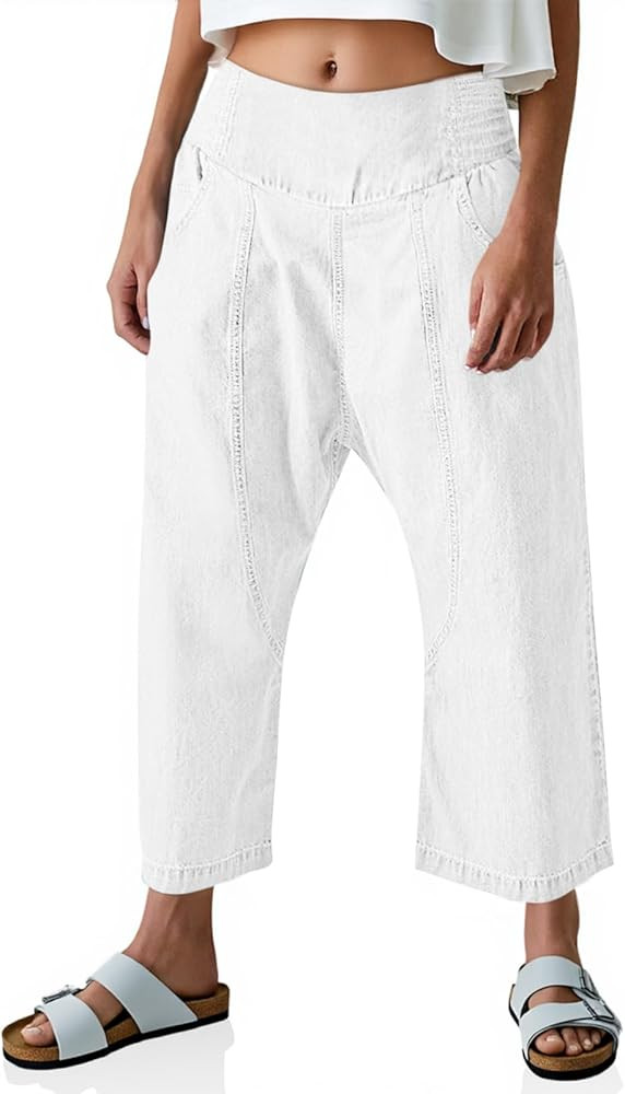 Cicy Bell Womens Wide Leg Cropped Jeans Baggy Boyfriend Smocked Mid Rise Harem Denim Pants | Amazon (US)