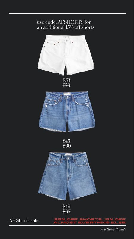 Abercrombie sale! Get 25% off all shorts plus an additional 15% off almost everything else and use code: AFSHORTS  to save an additional 15% off your shorts order! 

Abercrombie sale, denim, shorts sale, spring sale, mom shorts, ripped shorts, trending styles 

#LTKsalealert #LTKstyletip #LTKSeasonal
