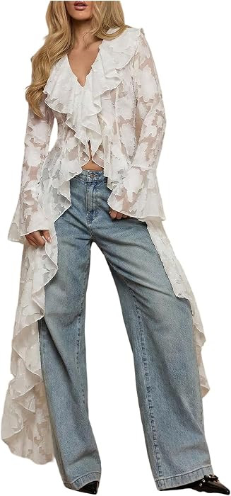 WDIRARA Women's Floral Lace Ruffle High Low Tops Long Sleeve Cardigan | Amazon (US)