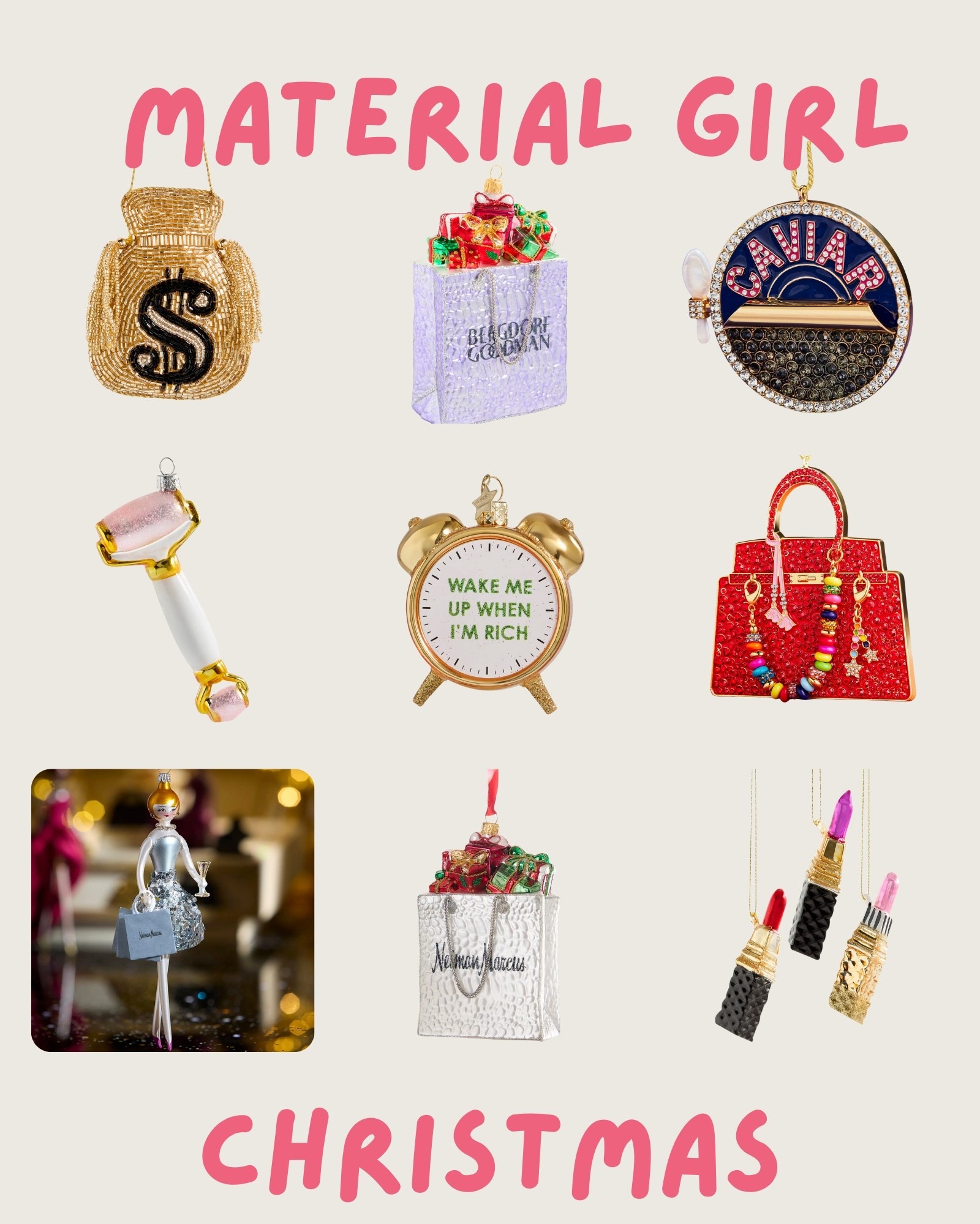 Because even your Christmas tree deserves a little glam 💋✨ 

Lipsticks, caviar, and Bergdorf bags — these Material Girl ornaments are luxe, playful, and totally fabulous.

#LTKHoliday #LTKSeasonal #LTKGiftGuide