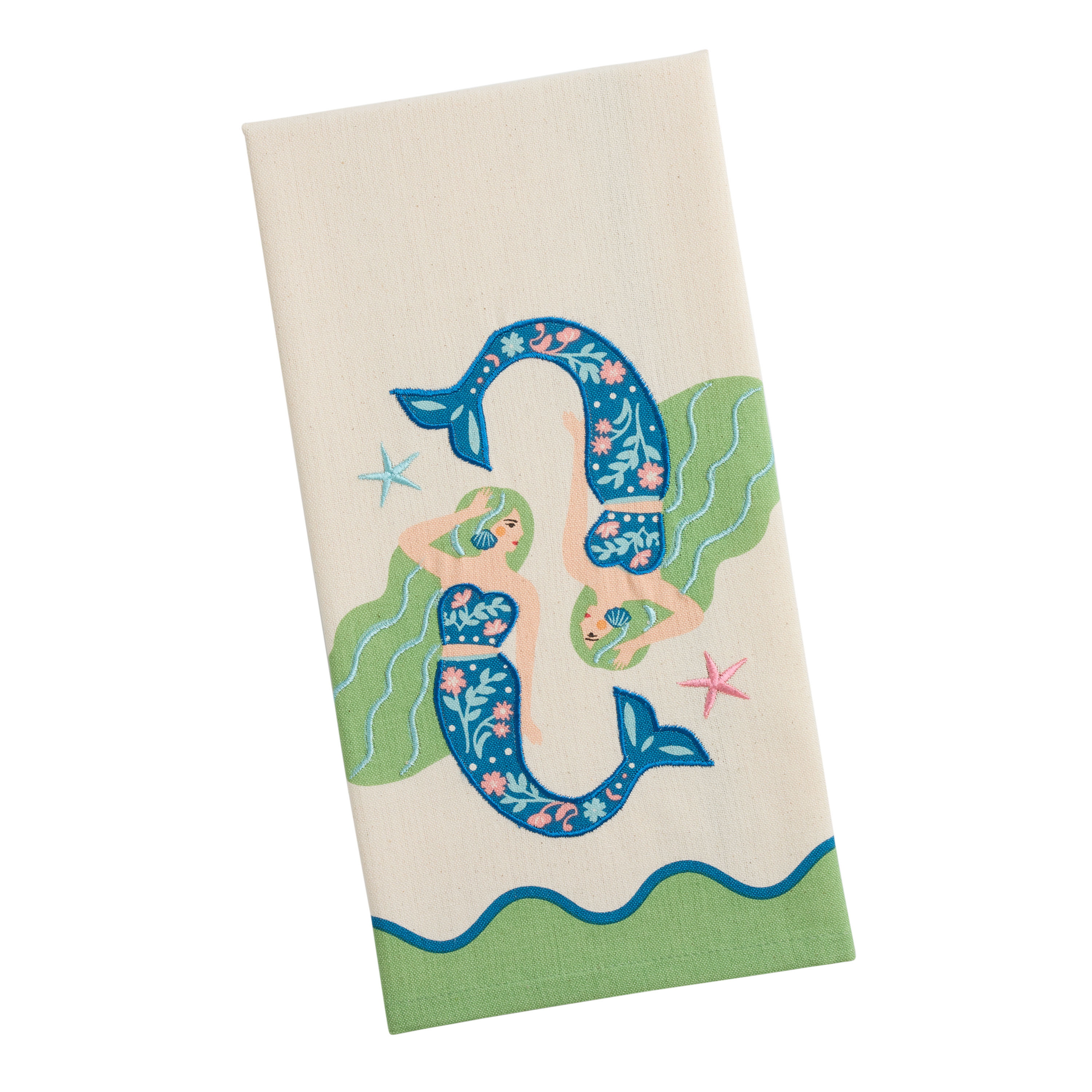Mint Green and Blue Mermaid Twins Embroidered Kitchen Towel | World Market