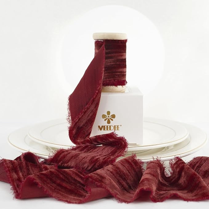 MEEDEE Rust Red Velvet Ribbon 2 Inch Vintage Frayed Velvet Crinkle Ribbon 2 Rolls 4 Yards for Chr... | Amazon (US)