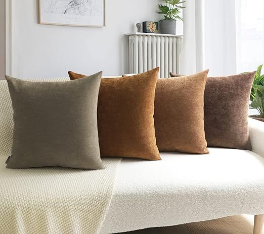 JIANTKJ Brown Throw Pillow Covers 18x18, Set of 4 Soft Chenille Decorative Throw Pillowcases Squa... | Amazon (US)