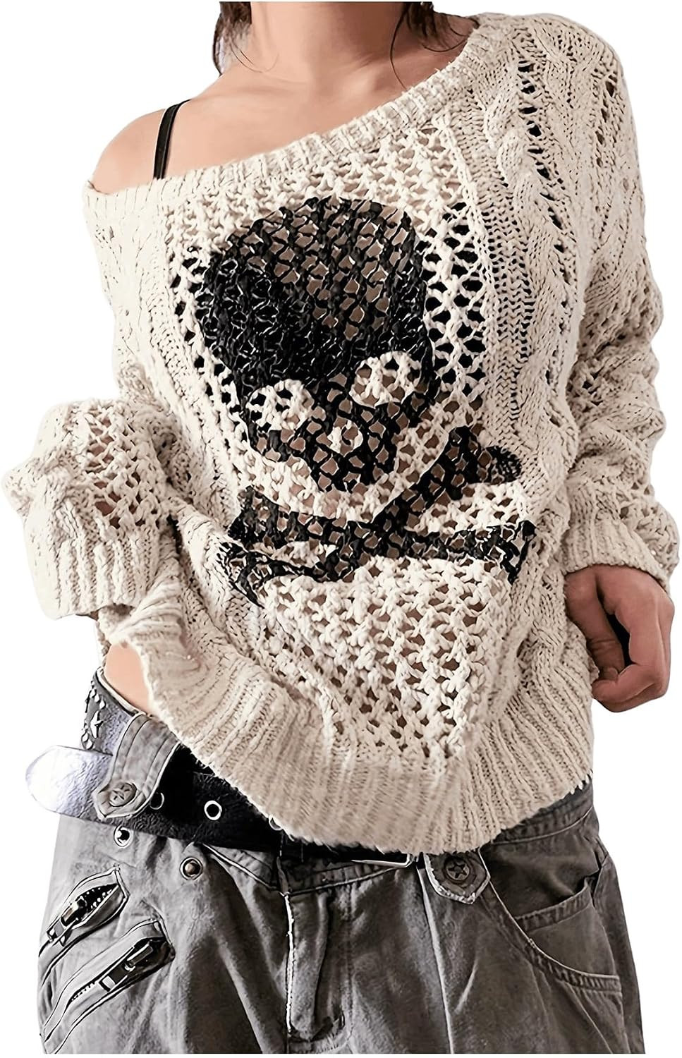 SHENHE Women's Skull Print Hollow Out Loose Knit Goth Grunge Off Shoulder Sheer Sweater | Amazon (US)