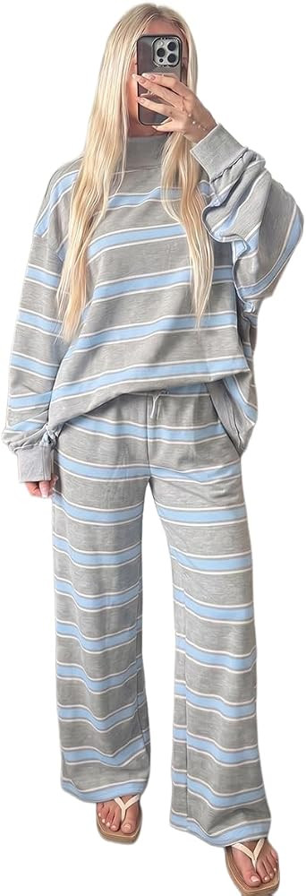 EOSIEDUR Women Striped 2 Piece Outfit Oversized Mock Neck Long Sleeve Top Wide Leg Pants Loungewear Set | Amazon (US)