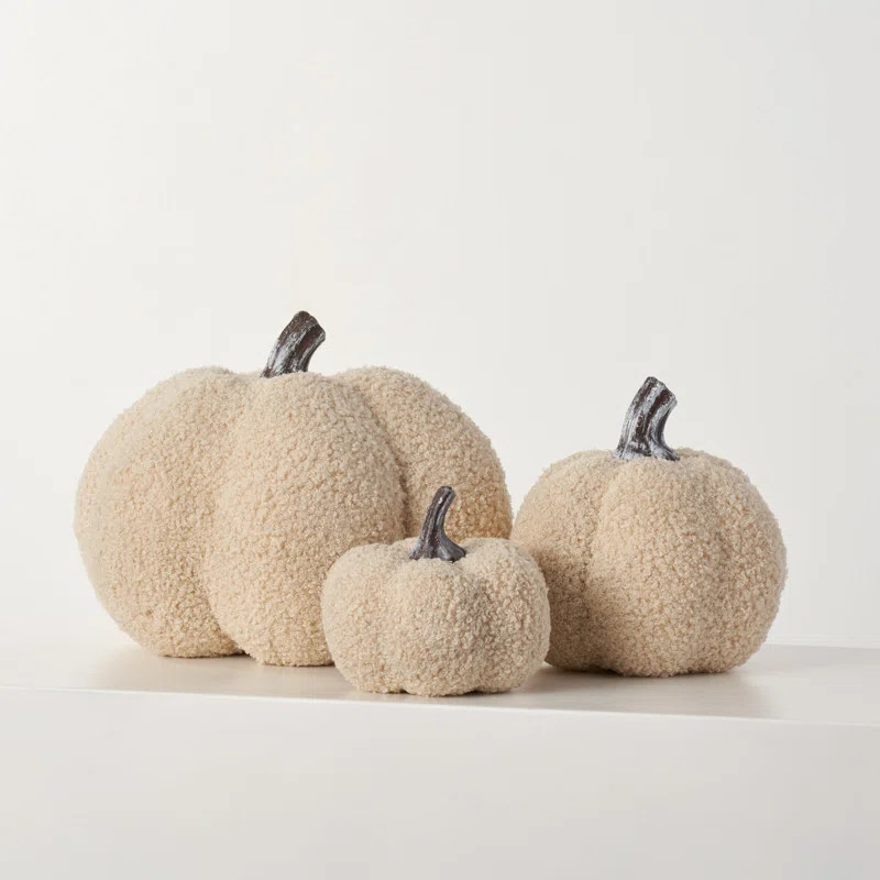 Cream Fuzzy Boucle Fabric Pumpkin Set Thanksgiving Fall Décor | Wayfair North America