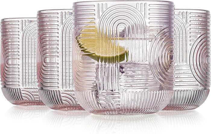 Glaver's Whiskey Glasses Set of 4 Double Old Fashioned 13 oz. Rock Glases, Pink Embossed Art Deco... | Amazon (US)