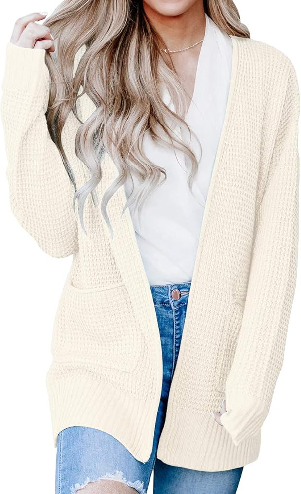 MEROKEETY Womens Long Sleeve Waffle Knit Cardigan Open Front Side Slit Sweater | Amazon (US)