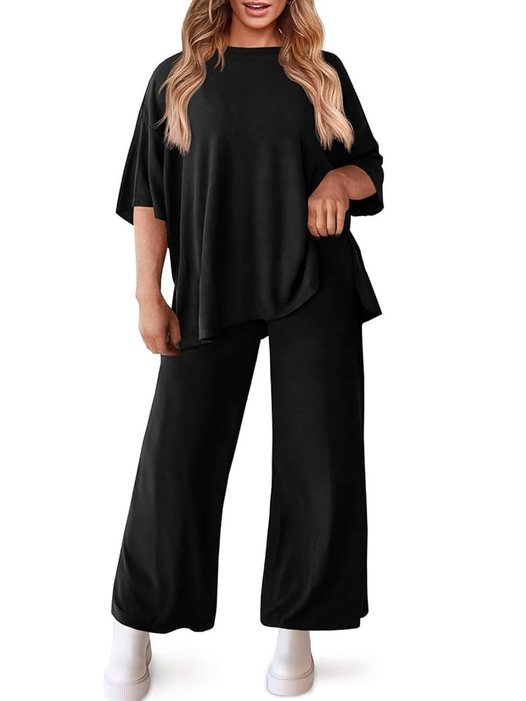 Beautife Womens Plus Size Lounge Sets Short Sleeve Tops Wide Leg Pants 2 Piece Outfits Tracksuit ... | Amazon (US)