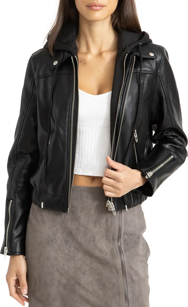 Faux Leather Bomber Jacket with Removable Hood | Nordstrom Rack