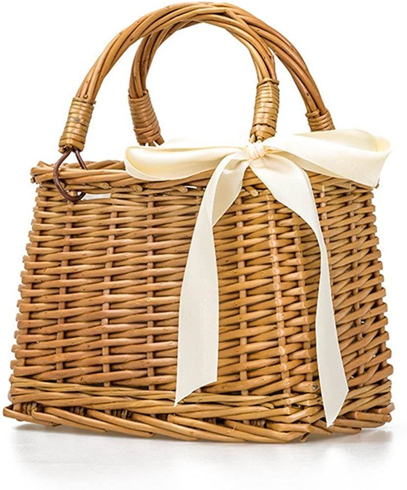 Bow Rattan Woven Bag Straw Bags Top Handle Handbags Bohemia Style Beach Bag,Beige | Amazon (US)