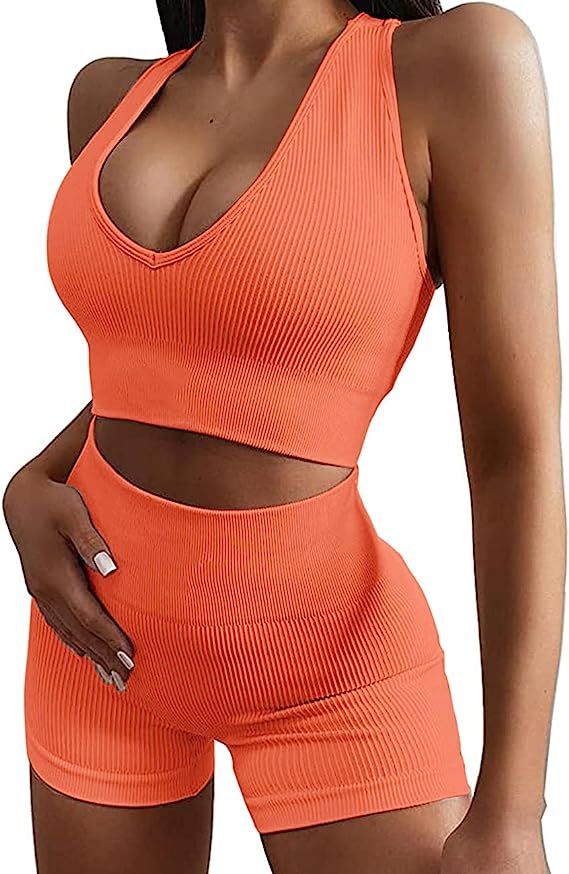 Micoson Womens Seamless Workout Sets Two Piece Exercise Outfits Ribbed Racerback Activewear Sets | Amazon (US)