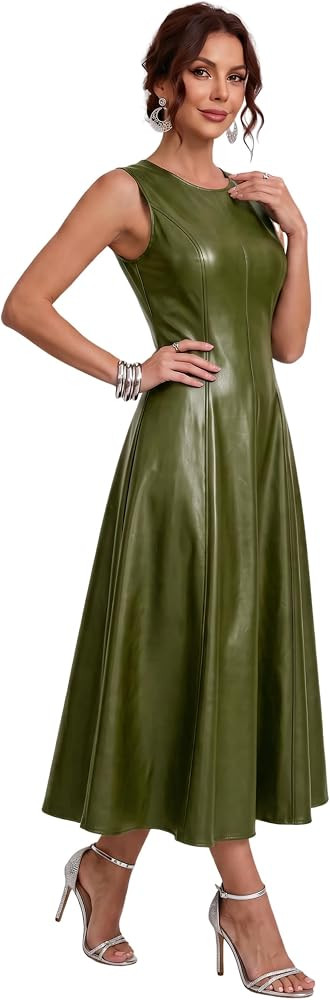 Qiaomai Women's Faux Leather Sleeveless Round Neck A Line Flare Long Dress | Amazon (US)