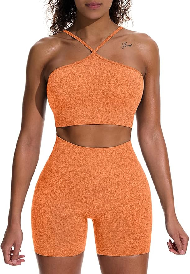 HYZ Women's Workout 2 Piece Outfits High Waist Running Shorts Seamless Gym Yoga Crop Top Bra Sets | Amazon (US)