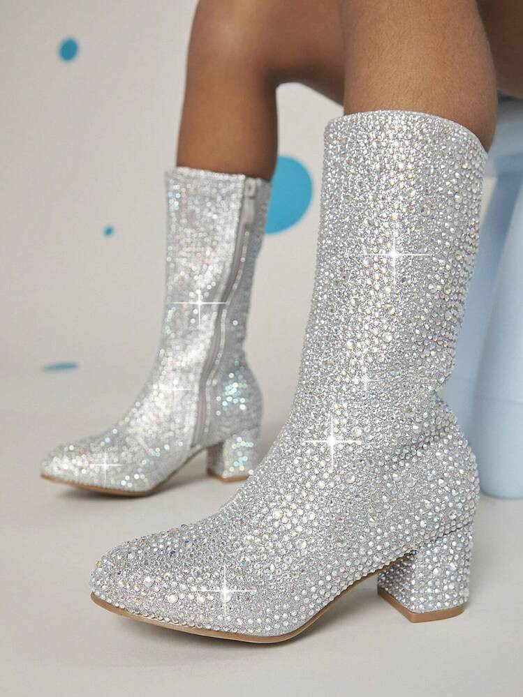 Mini mi Girls Rhinestone Side Zipper Chunky Heeled Boots | SHEIN