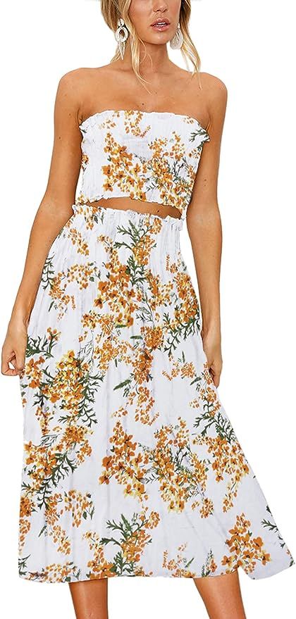 Angashion Women's Floral Crop Top Maxi Skirt Set 2 Piece Outfit Dress | Amazon (US)