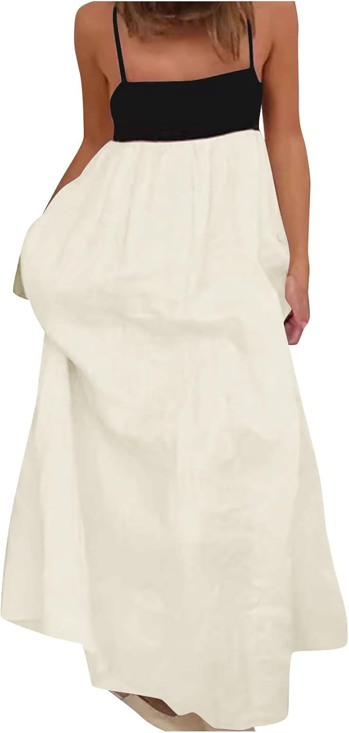 HGps8w Womens Cotton Linen Maxi Dresses Chic Colorblock Spaghetti Straps Sleeveless Long Flowy Su... | Amazon (US)