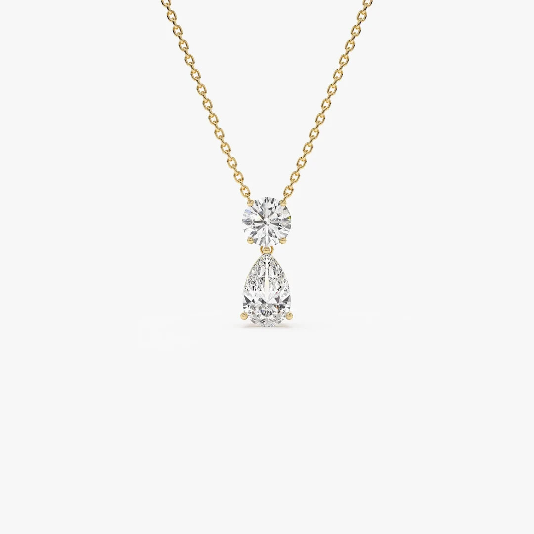 Diamond Necklace, 1.25 Ctw 14K Gold Basket Setting Pear Shape & Round Cut Lab Grown Diamond Neckl... | Etsy (US)