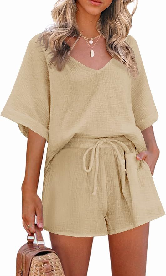 Zeagoo Women's 2 Piece Cotton Linen Tracksuit Short Sleeve Casual Shorts Set V Neck Beach Outfits | Amazon (US)