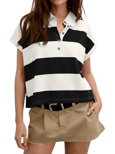 Tankaneo Womens Short Sleeve Rugby Shirt Collared Striped Polo Shirts Tops | Amazon (US)