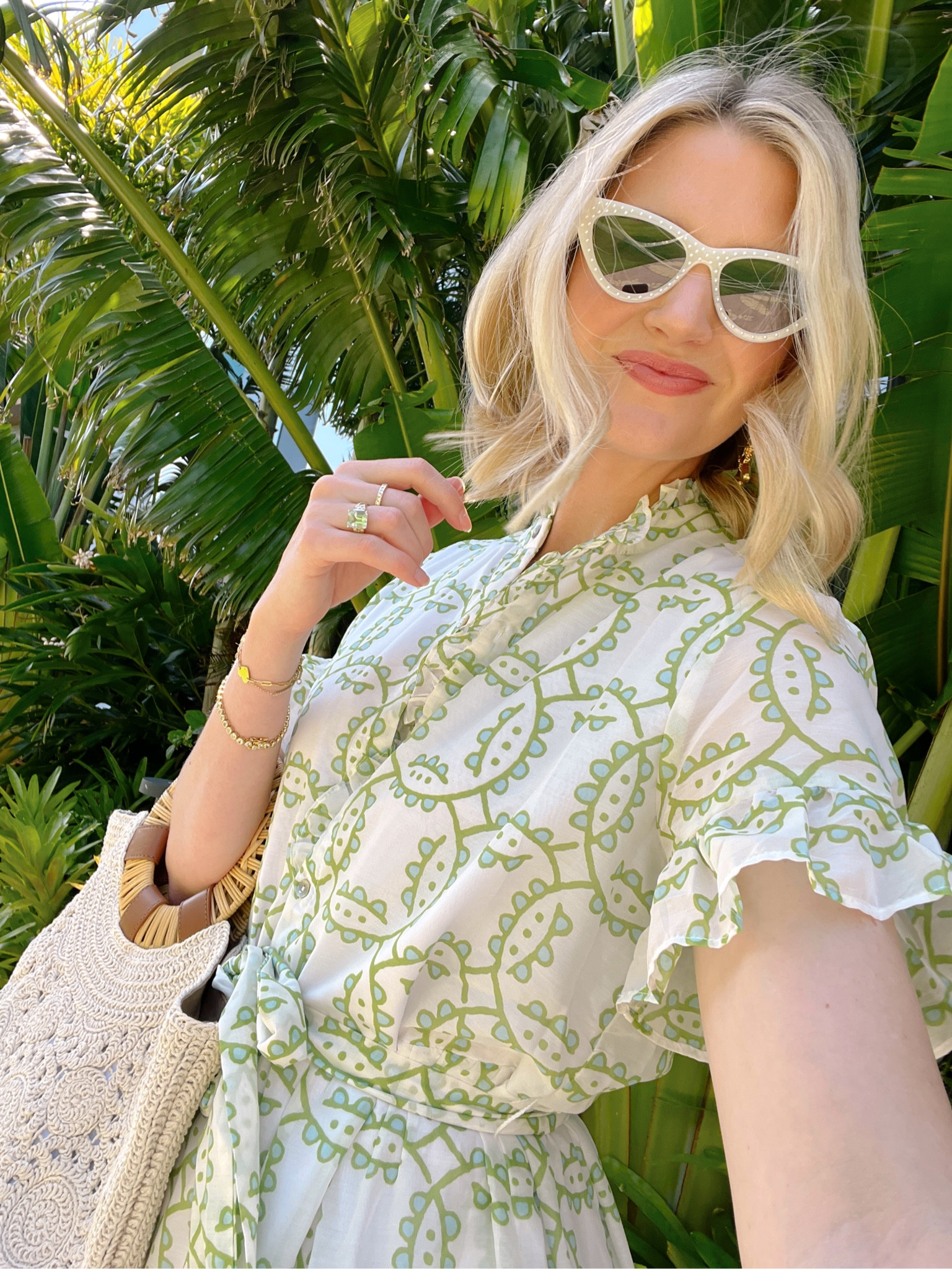 Green and white floral, shirt, dress, midi, length, crocheted, tote bag, white cat eye sunglasses. #jcrew #talbots #jmarie

#LTKSeasonal #LTKitbag #LTKFind