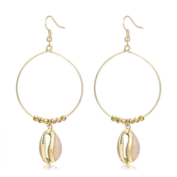 CEALXHENY Hoop Earrings for Women Cowrie Shell Hoop Dangle Earrings Bohemia Conch Seashell Bead E... | Amazon (US)