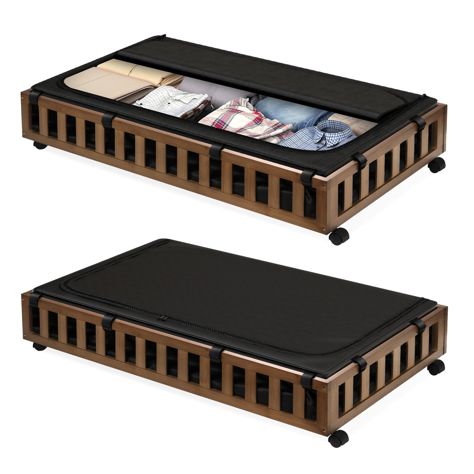 2 Pack Bamboo Under Bed Storage with Wheels, 39”x20”x7.8” Lager Under Bed Storage Container... | Amazon (US)