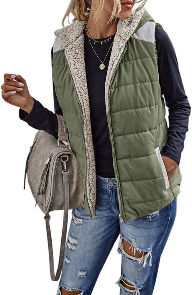 Womens Sherpa Fleece Full Zip Reversible Vest Warm Color Block Hoodie Outwear with Pocket | Amazon (US)
