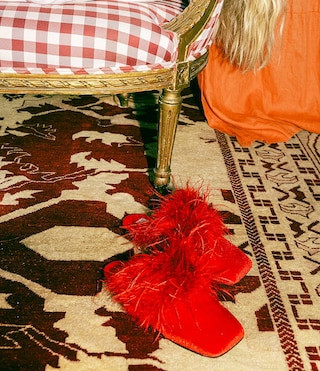 Gianni Bini x Hadley Greene Florence Velvet Feather Square Toe Mules | Dillard's