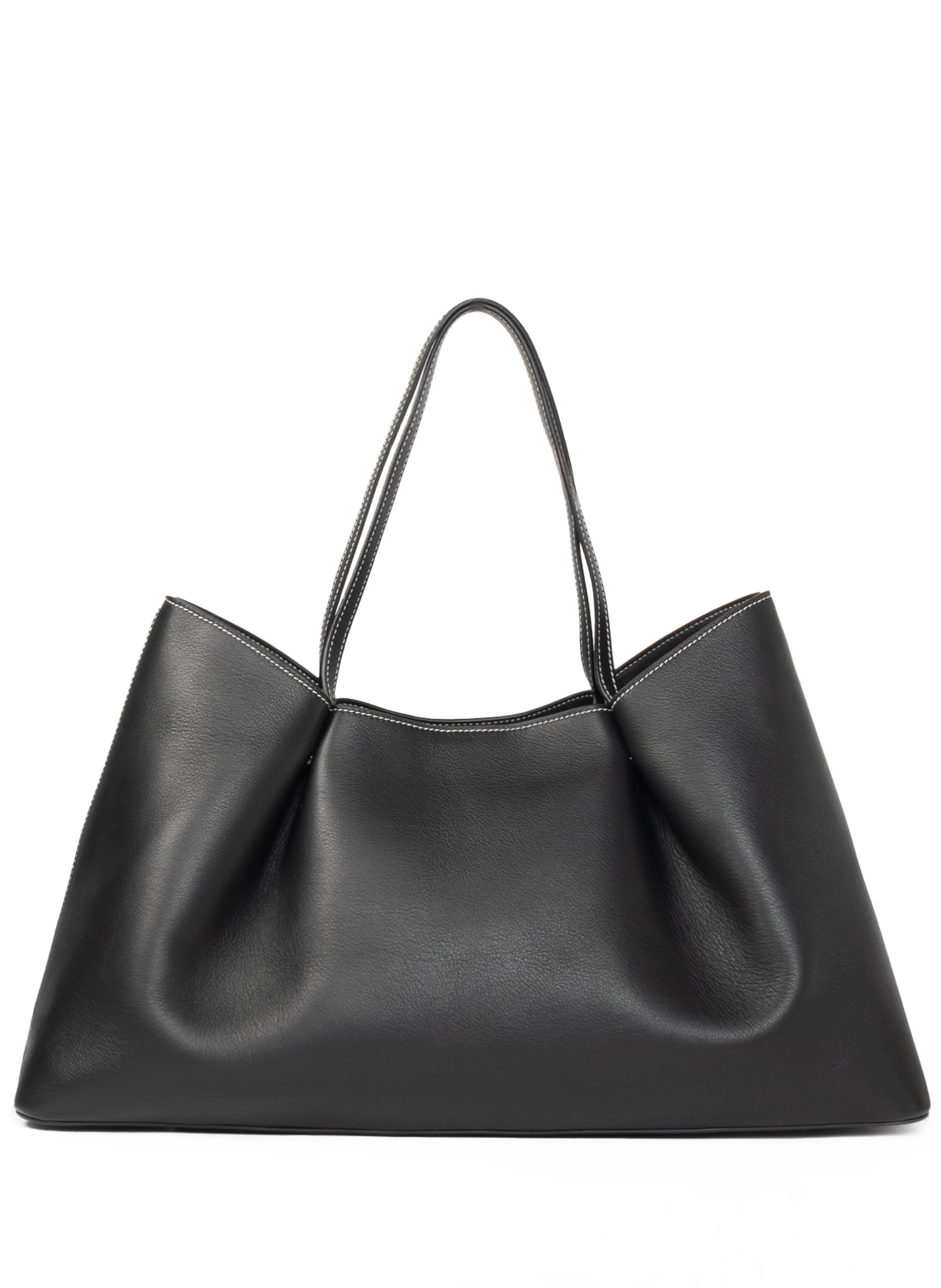 Dimple Tote Pebbled Leather Black White Stitches - Women's Work Bags &amp; Totes - Elleme | Elleme