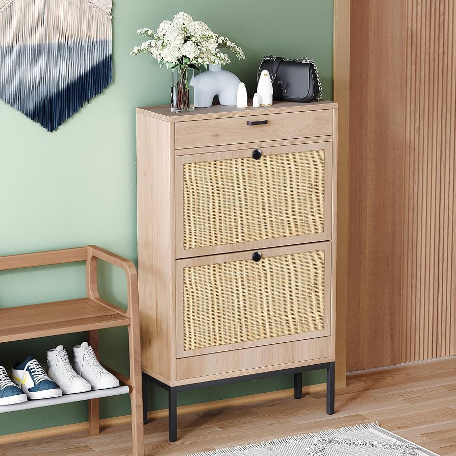 Amazon.com: Yechen Shoe Rack Storage Organizer with 2 Natural Rectangular Rattan Doors, Entryway ... | Amazon (US)
