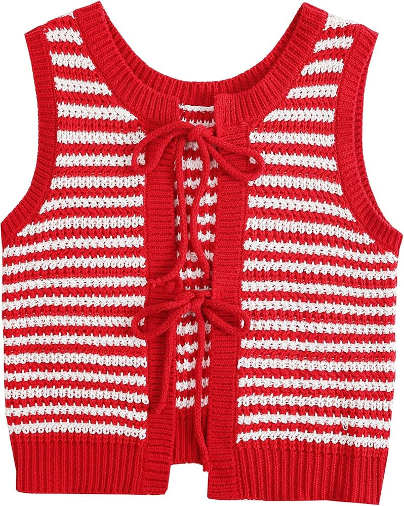 Sweater Vest Women Casual Sleeveless Crochet Tops Color Block Tie Back Knit Tank Tops | Amazon (US)