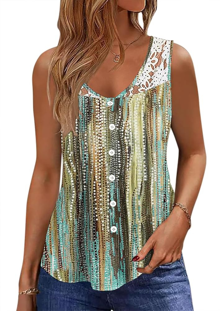 Womens Tank Tops Dressy Casual Summer Lace Sleeveless V Neck Tee Shirts Pleated Front Button Blou... | Amazon (US)