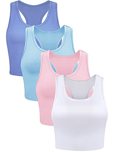 Geyoga 4 Pieces Basic Workout Crop Tank Tops Sleeveless Racerback Sport Tank Top for Women Yoga Running(Medium,Light Blue, Pink, Blue, White) | Amazon (US)