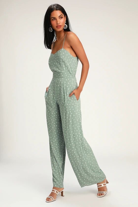 In Demand Sage Green Print Sleeveless Wide-Leg Jumpsuit | Lulus (US)