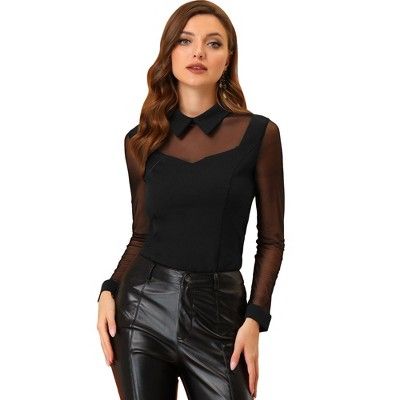 Allegra K Mesh Insert Tops for Women's Long Sleeves Point Collar Work Blouse | Target