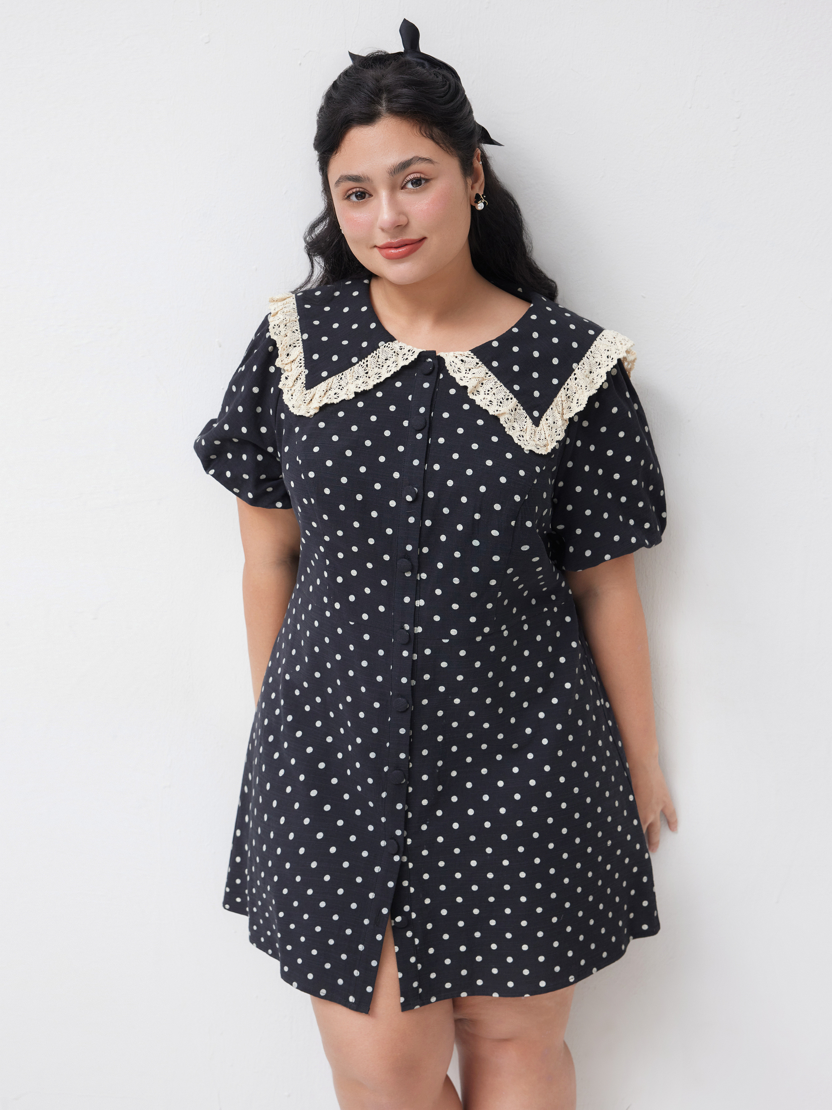 Woven Cotton-blend Collar Polka Dot Mini Dress Curve & Plus For School Daily Casual | Cider