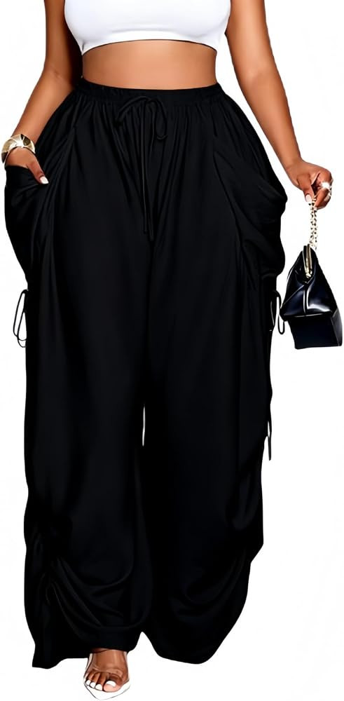 Women's Summer High Waist Wide Leg, Solid Color Pleated Drawstring Waist Plus Size Casual Loose W... | Amazon (US)
