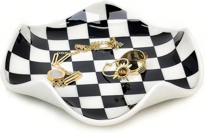 Aesthetic Ring Holder Dish, Cute Small Trinket Dish, Ceramic Jewelry Tray,Modern Checkered Cool S... | Amazon (US)