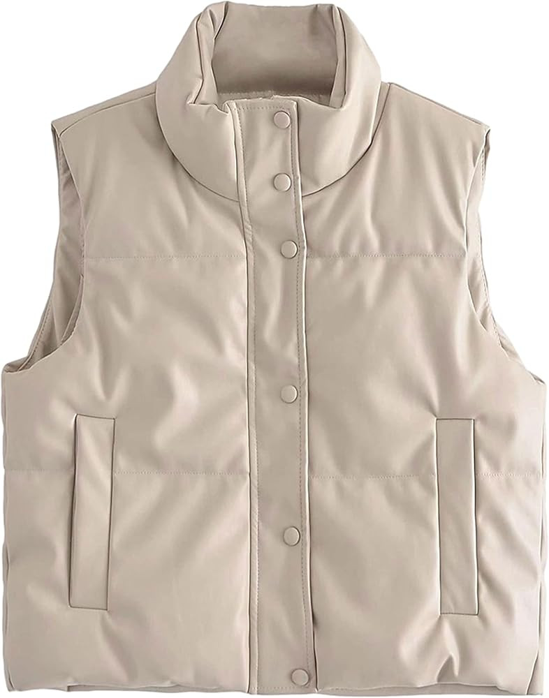Bozanly Womens PU Leather Quilted Cropped Puffer Vest Zipper Sleeveless Padded Jacket | Amazon (US)