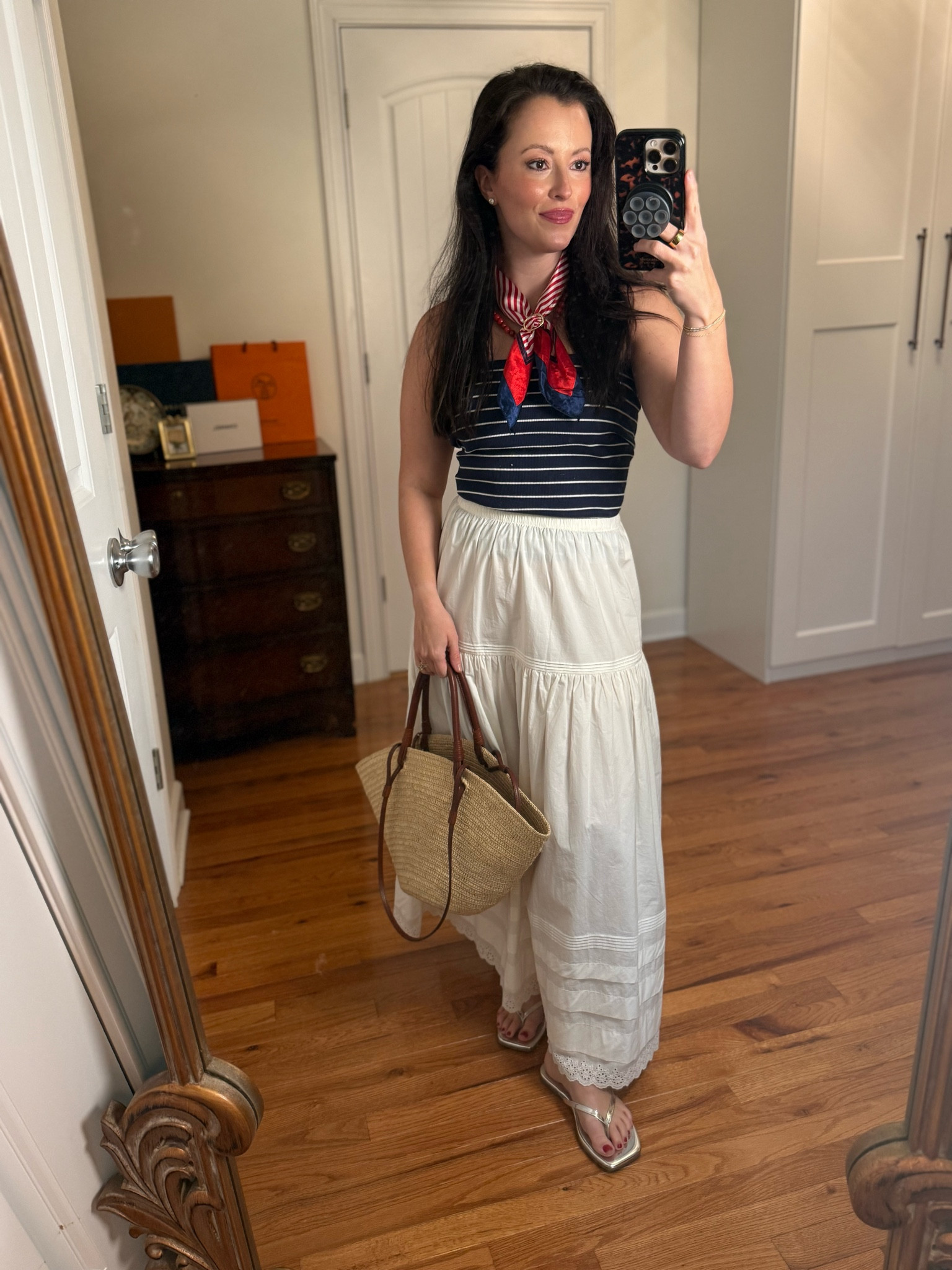 White cotton maxi skirt: small
Navy striped top: small
Red beaded necklace 
Raffia tote Sezane 
Memorial Day outfit
Date night outfits 
Travel outfits 
Summer outfits 
Vacation outfits beach

#LTKTravel #LTKSeasonal #LTKootd