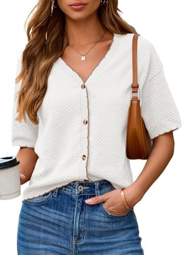 Dokotoo Womens Summer Knit Tops 2026 Textured Button Down Shirts Casual V Neck Short Sleeve Cotto... | Amazon (US)