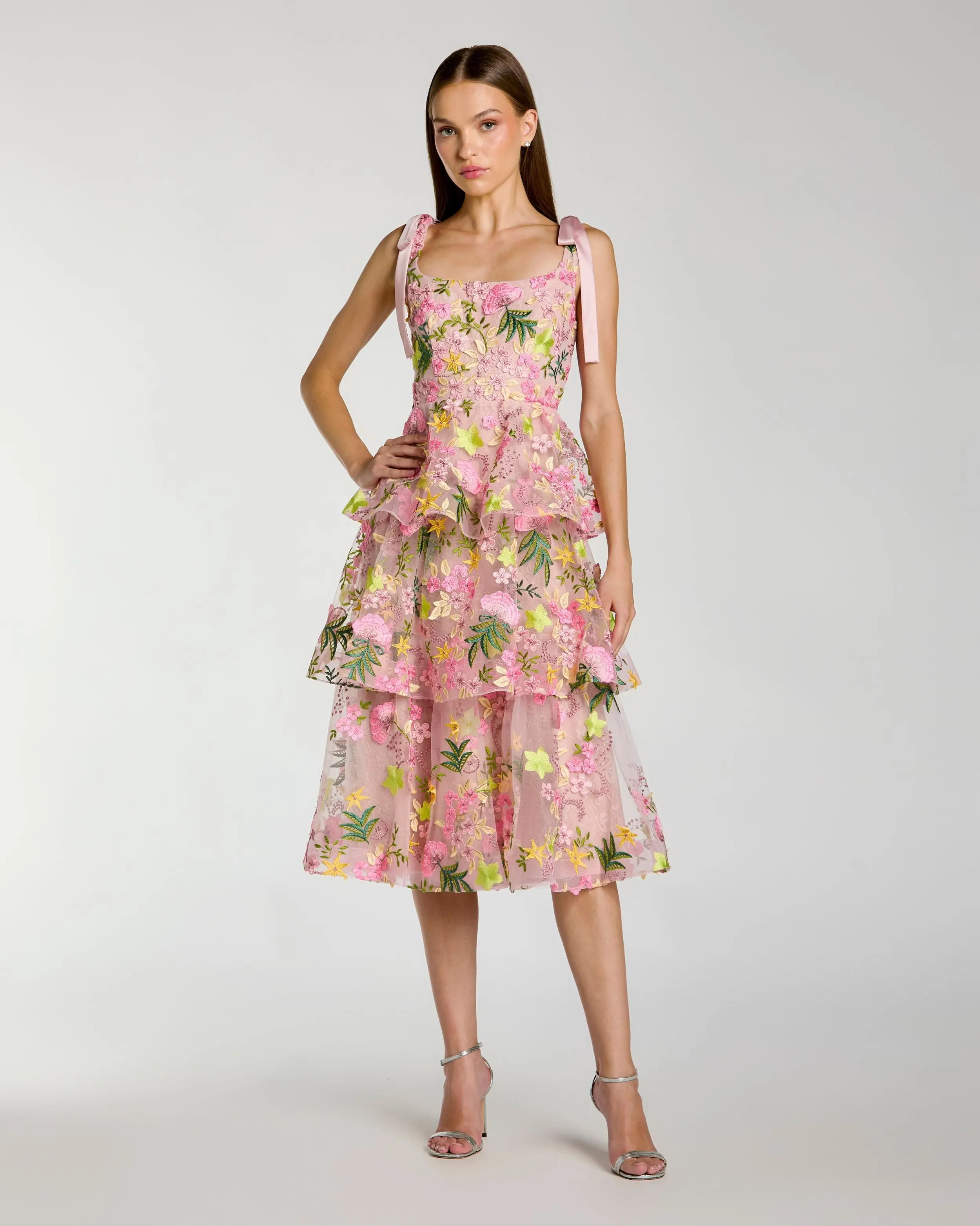 Pink Floral Embroidered Tiered Midi Dress | Mac Duggal | Mac Duggal